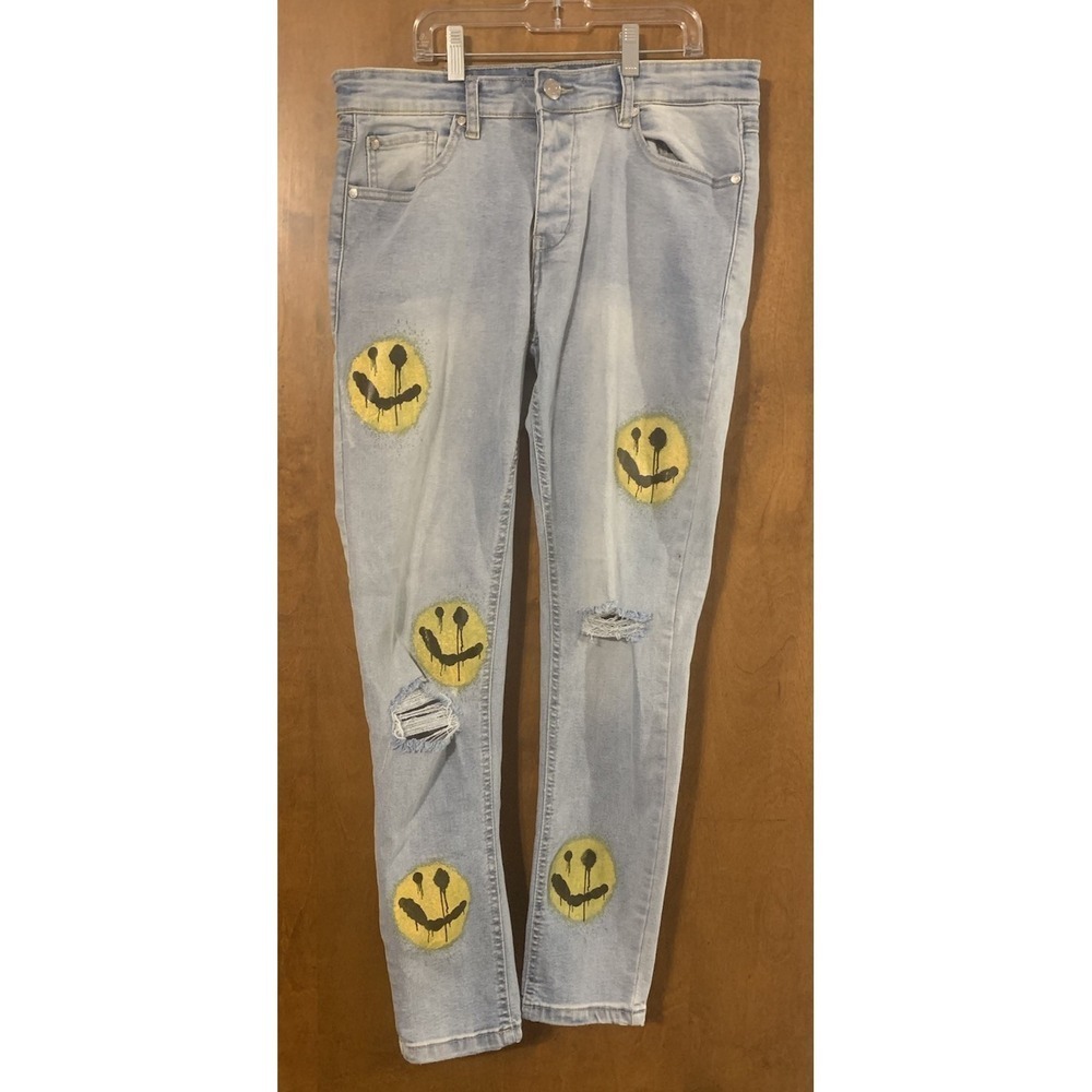 Boohoo Man Melting Smiley‎ Face Jeans Mens Sz 32 Punk Rock Grunge Hiphop